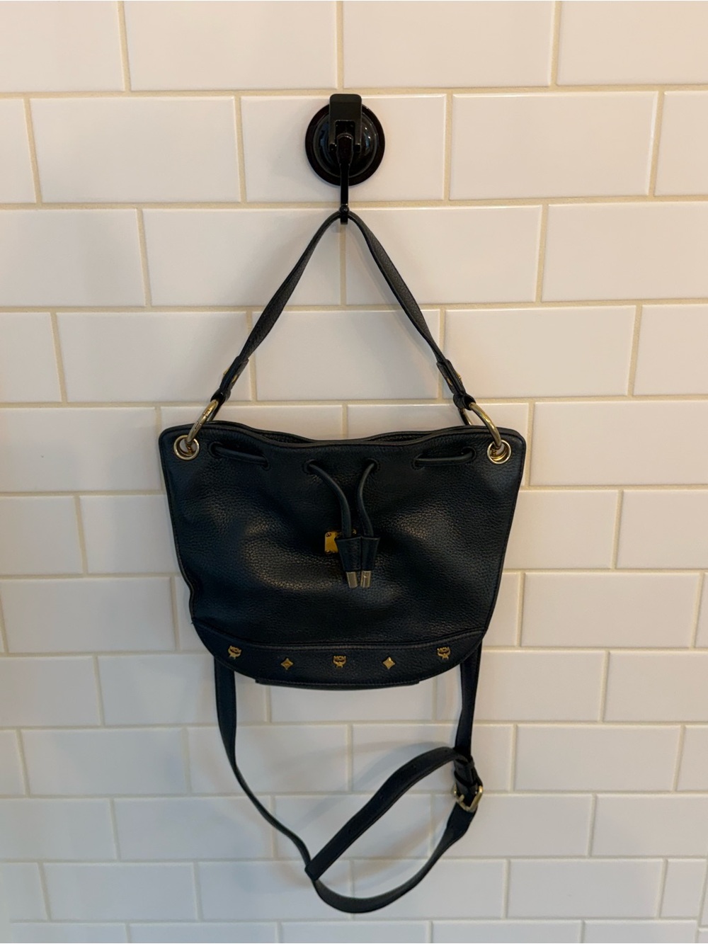 MCM Black Leather Drawstring Shoulder Bag